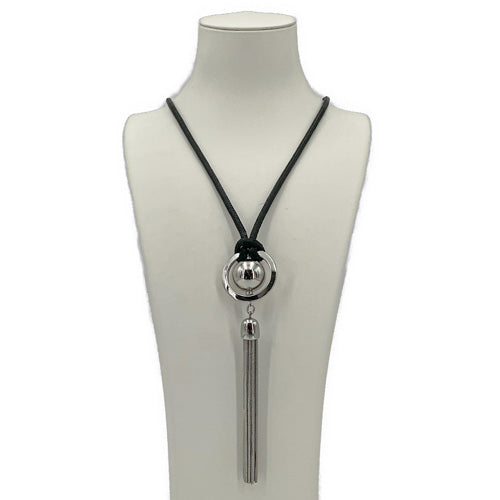 CHICO'S FAUX LEATHER AND TASSEL PENDANT NECKLACE