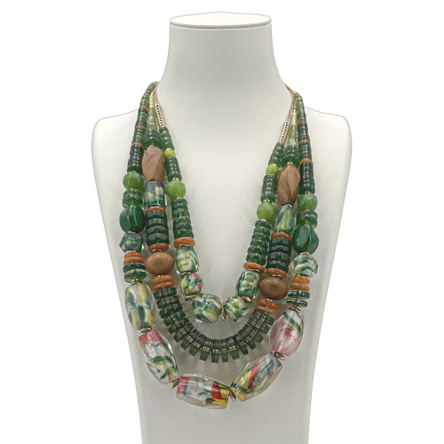 CHICO'S GREEN/BROWN BEAD TRIPLE STRAND NECKLACE