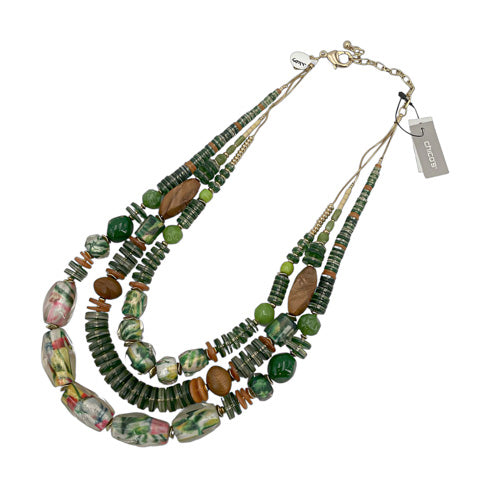 CHICO'S GREEN/BROWN BEAD TRIPLE STRAND NECKLACE