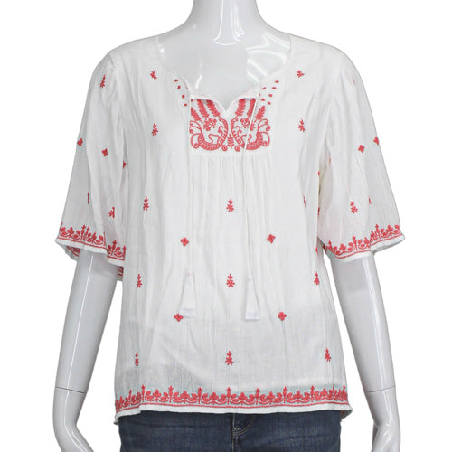 SOFT SURROUNDINGS WHITE/PINK EMBROIDERED GAUZE TOP SZ MDP