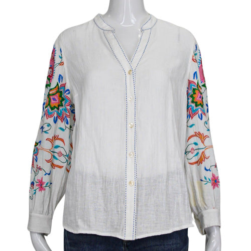 SOFT SURROUNDINGS WHITE/FLORAL EMBROIDERED/EMBELLISHED GAUZE TOP SZ MP