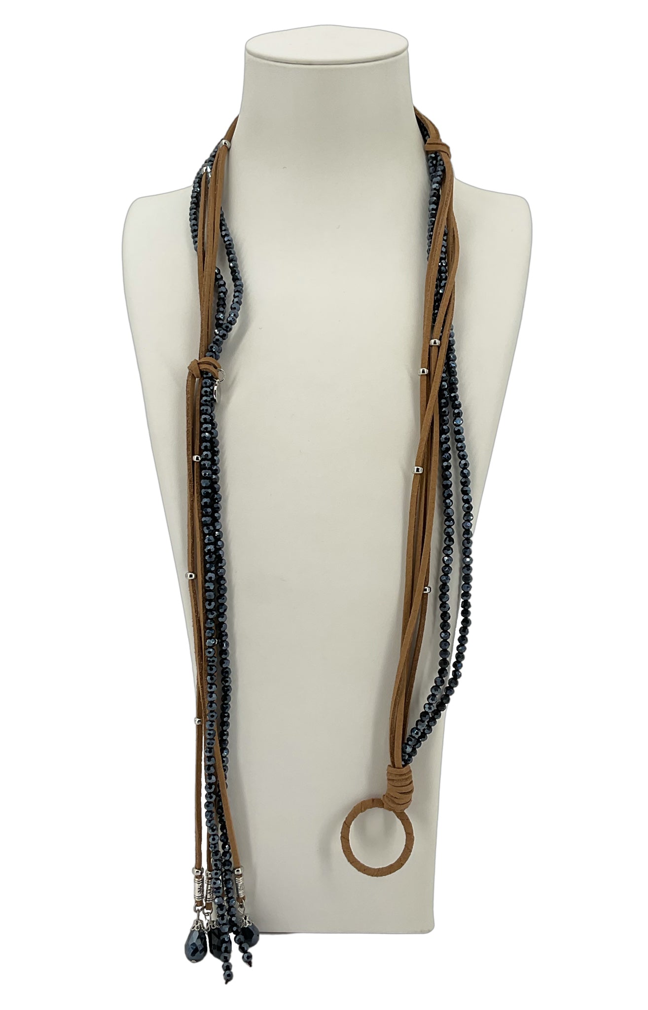 CHICO'S FAUX LEATHER AND BEADS WRAP NECKLACE