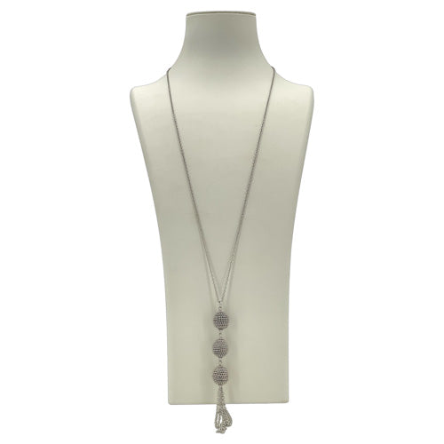 CHICOS SILVERTONE THREE BALL AND TASSEL NECKLACE