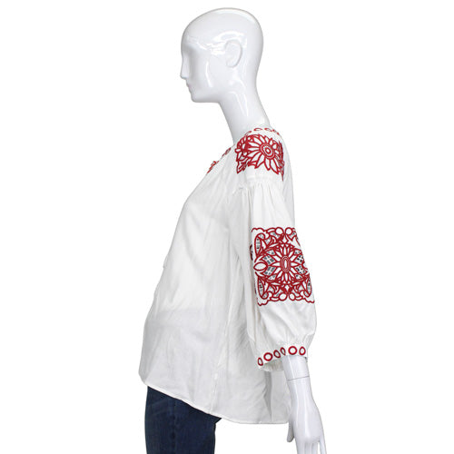 FREE THE ROSES WHITE/RED EMBROIDERED TOP SZ SM