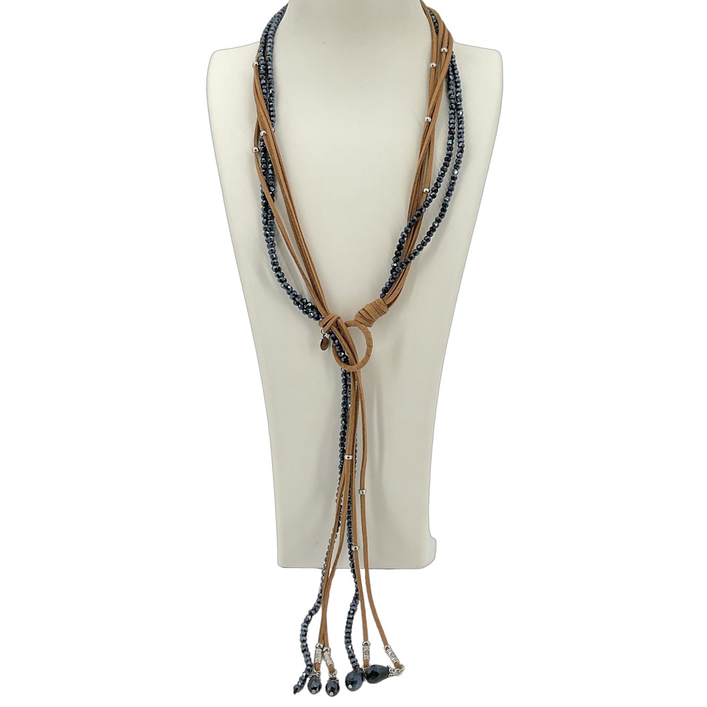 CHICO'S FAUX LEATHER AND BEADS WRAP NECKLACE